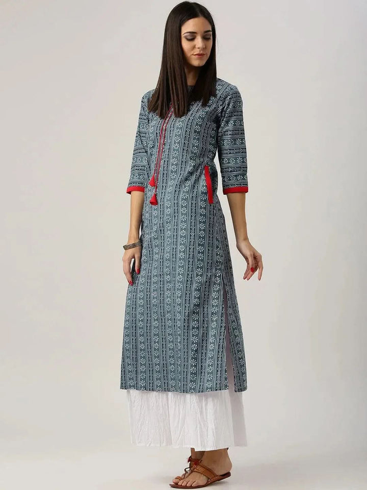 Grey Printed Cotton Kurta - Libas
