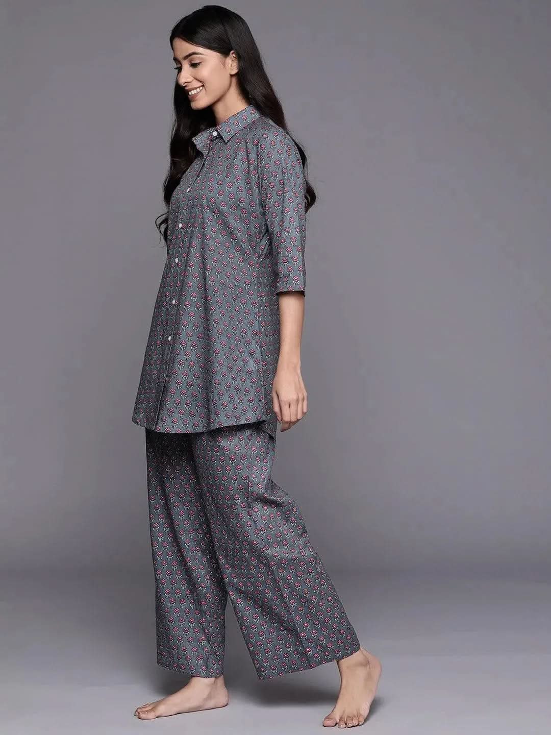 Grey Printed Cotton Night Suit - Libas