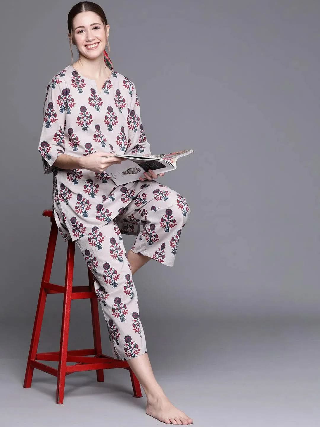 Grey Printed Cotton Night Suit - Libas