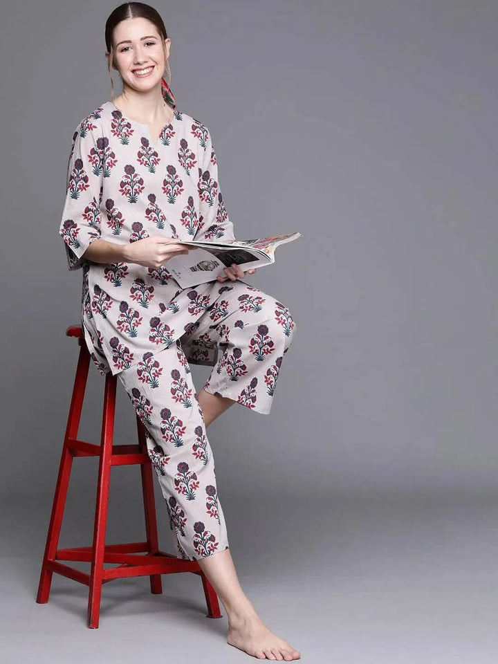 Grey Printed Cotton Night Suit - Libas
