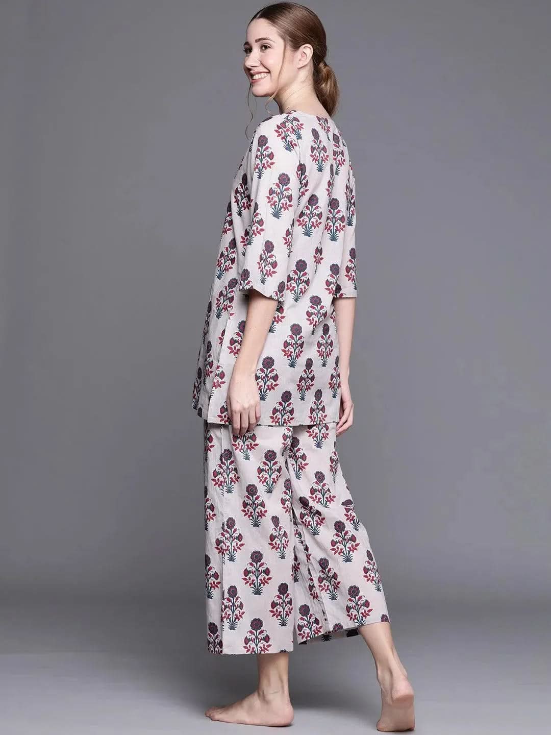 Grey Printed Cotton Night Suit - Libas