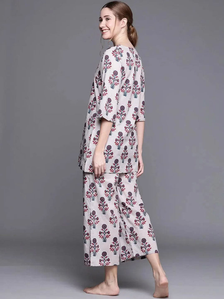 Grey Printed Cotton Night Suit - Libas