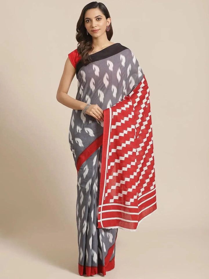 Grey Printed Cotton Saree - Libas