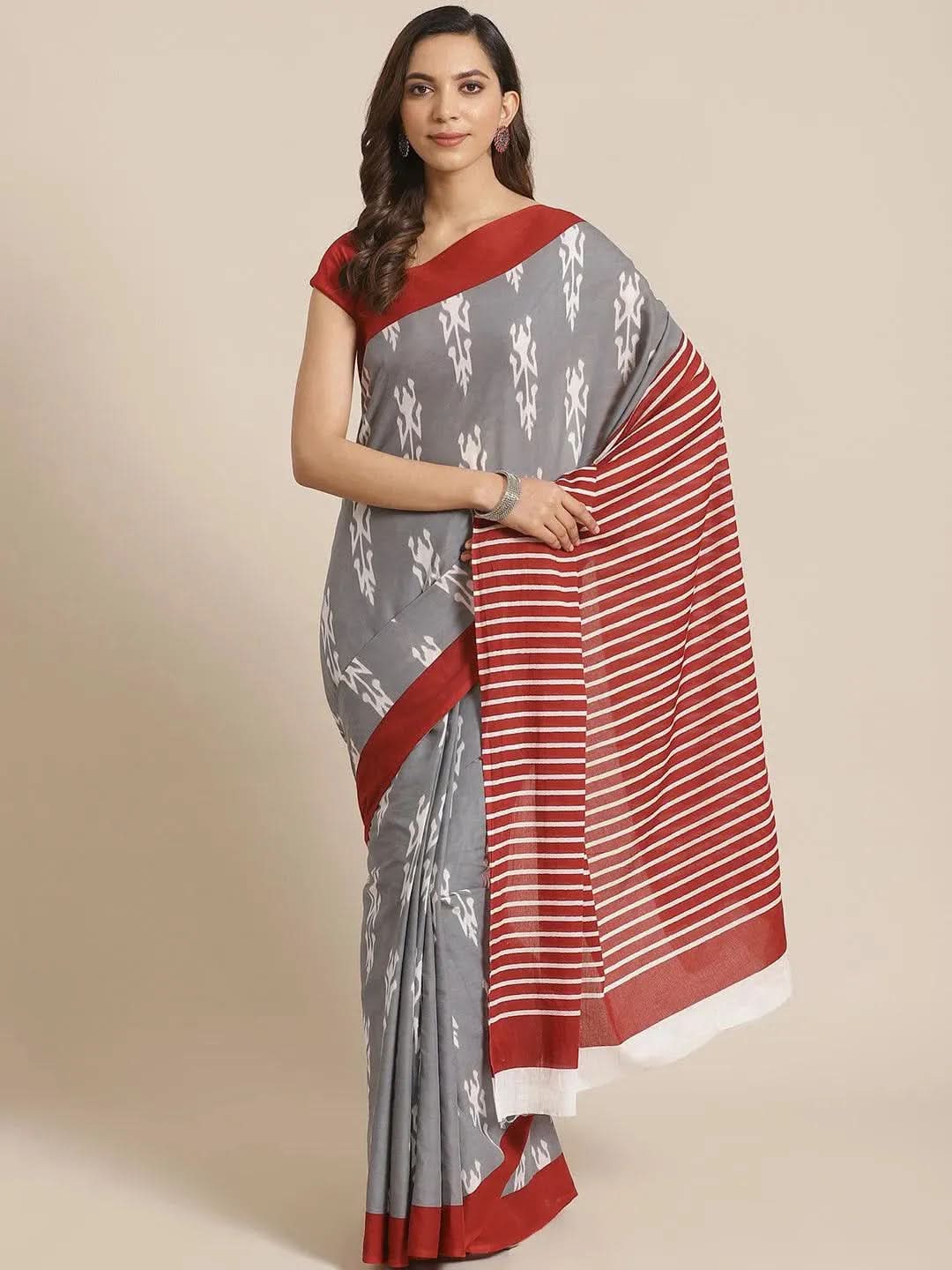 Grey Printed Cotton Saree - Libas