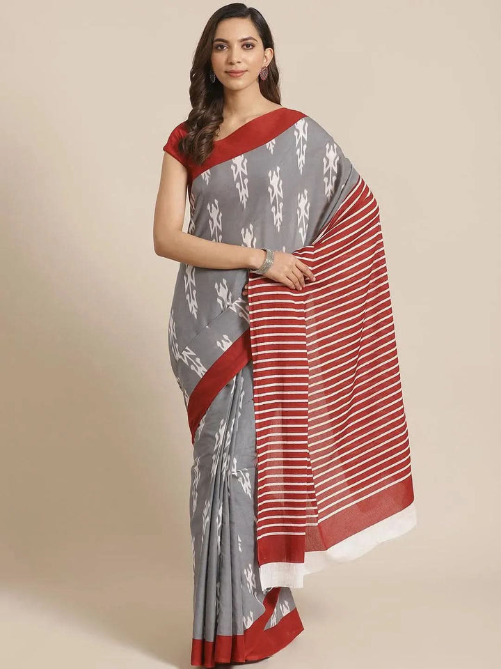 Grey Printed Cotton Saree - Libas