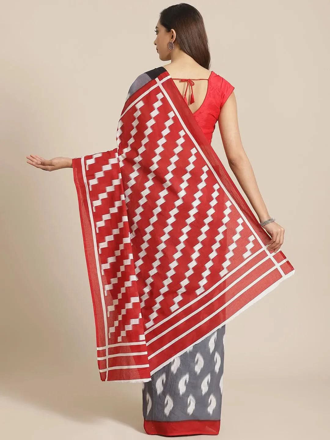 Grey Printed Cotton Saree - Libas