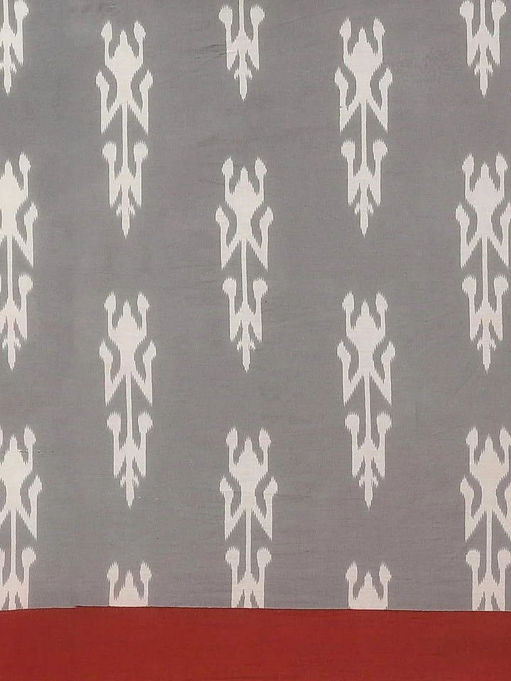 Grey Printed Cotton Saree - Libas