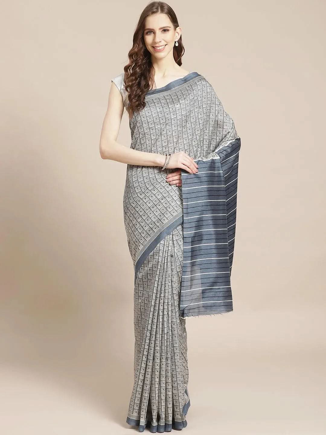 Grey Printed Cotton Silk Saree - Libas