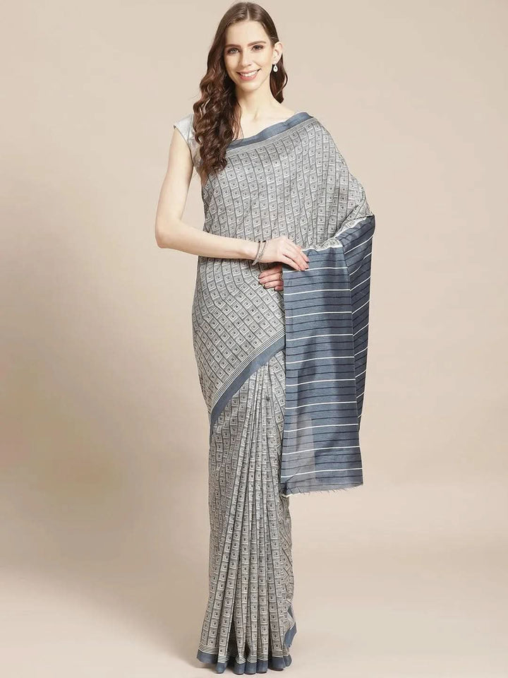 Grey Printed Cotton Silk Saree - Libas