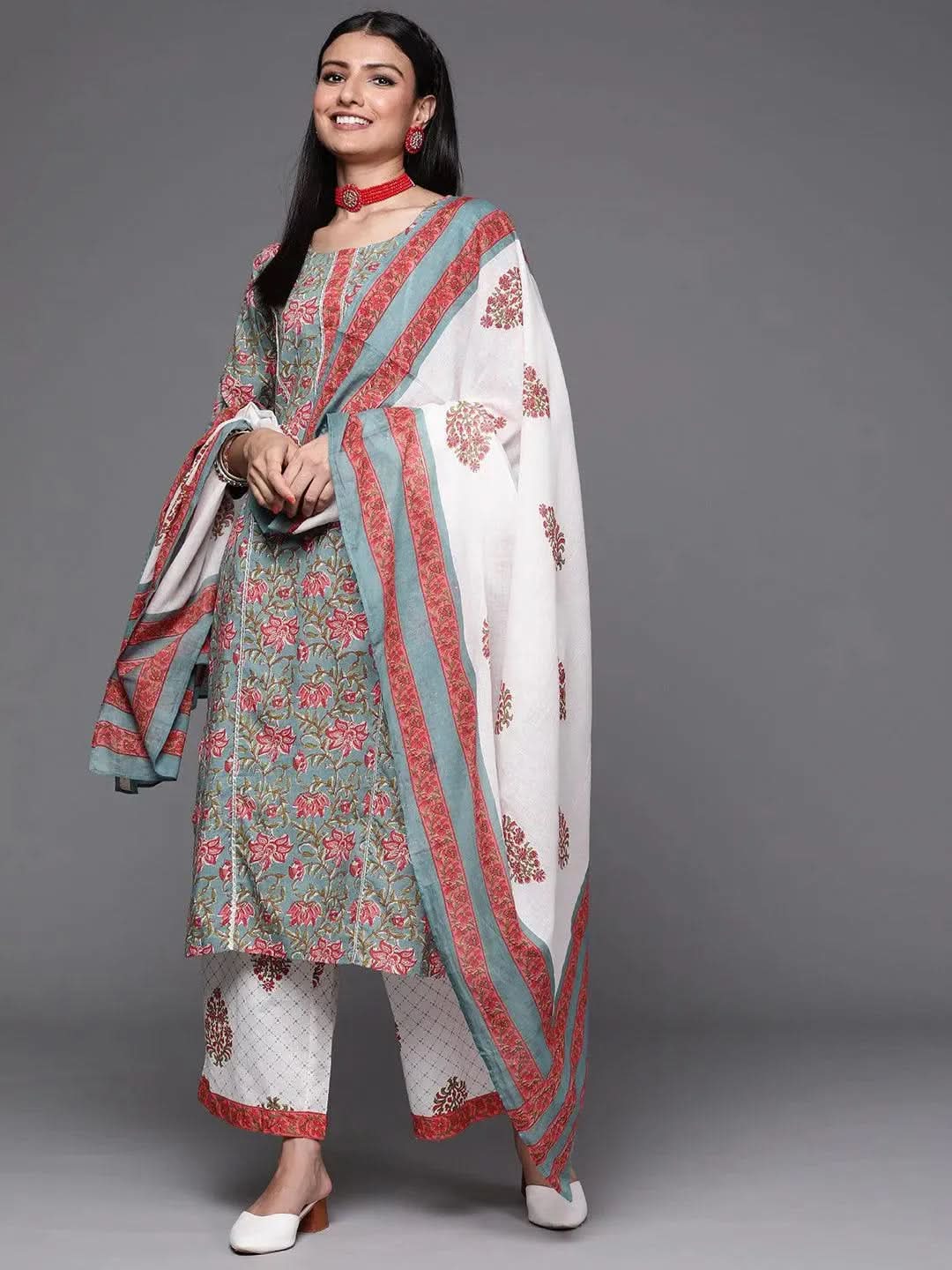Grey Printed Cotton Suit Set - Libas