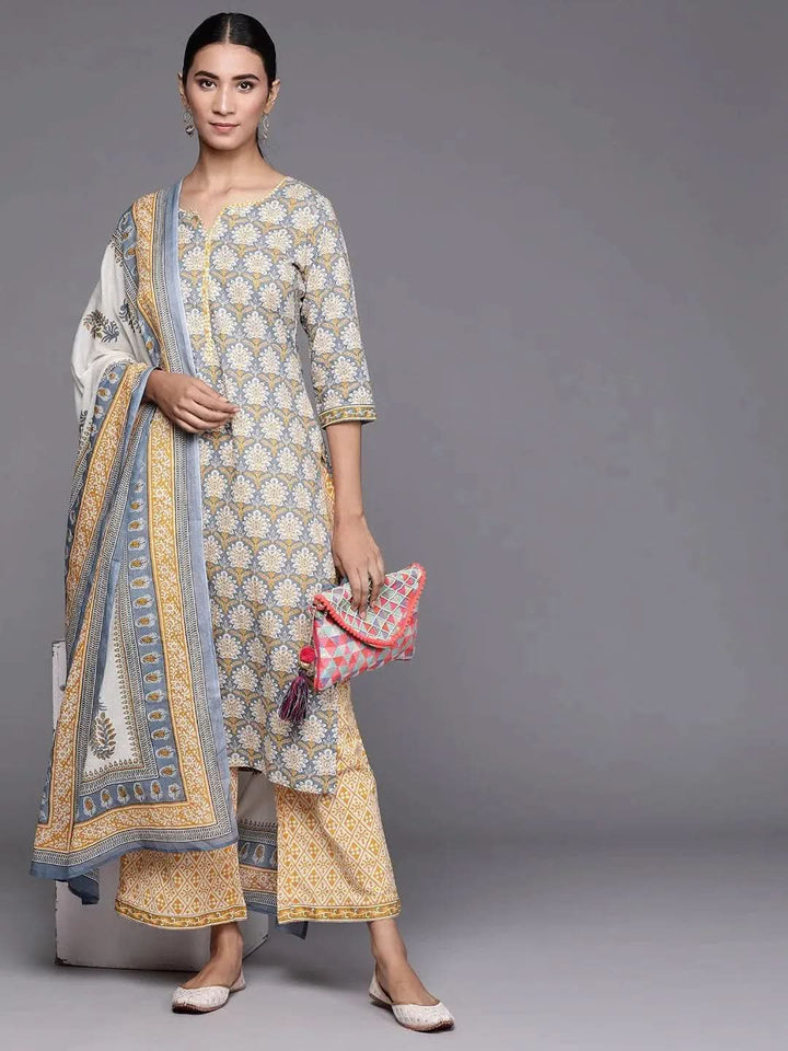 Grey Printed Cotton Suit Set - Libas