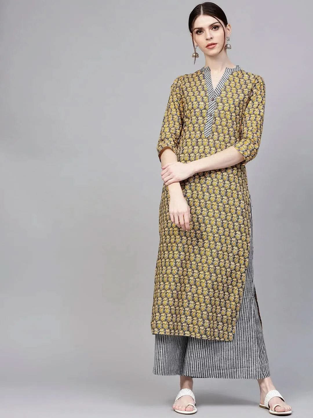 Grey Printed Cotton Kurta Set - Libas