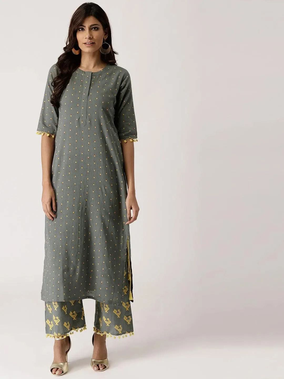 Grey Printed Cotton Kurta Set - Libas