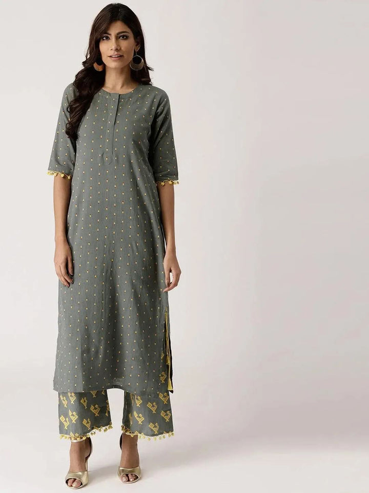 Grey Printed Cotton Kurta Set - Libas