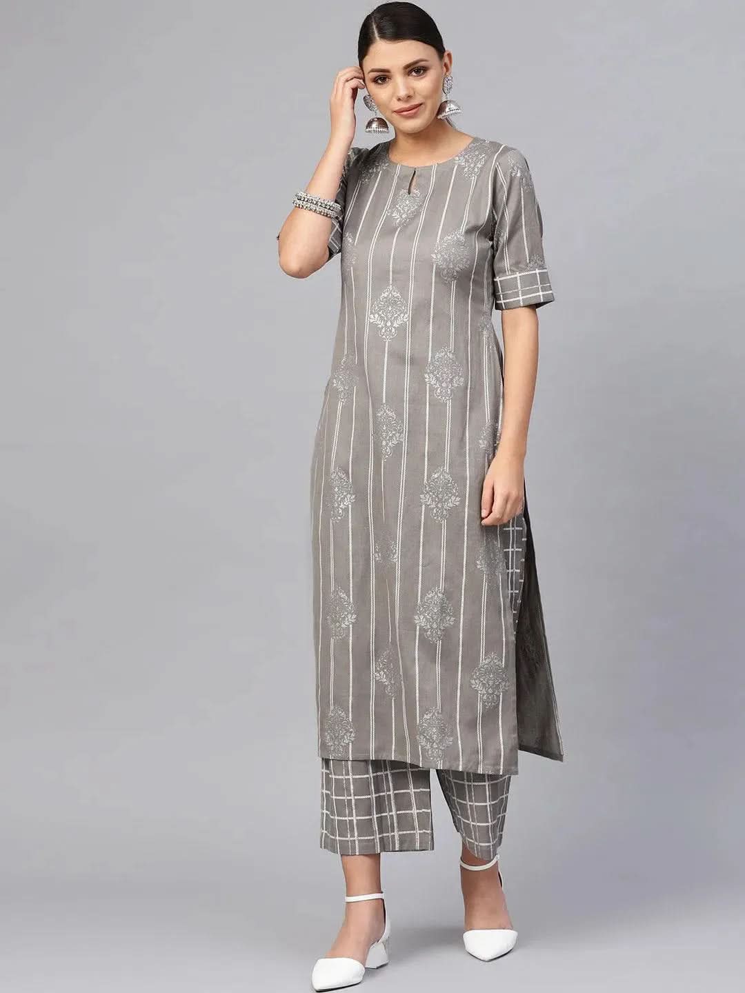 Grey Printed Cotton Kurta Set - Libas