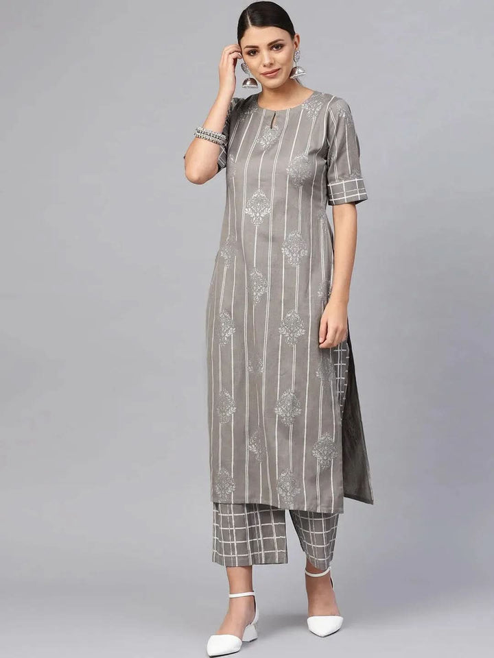 Grey Printed Cotton Kurta Set - Libas