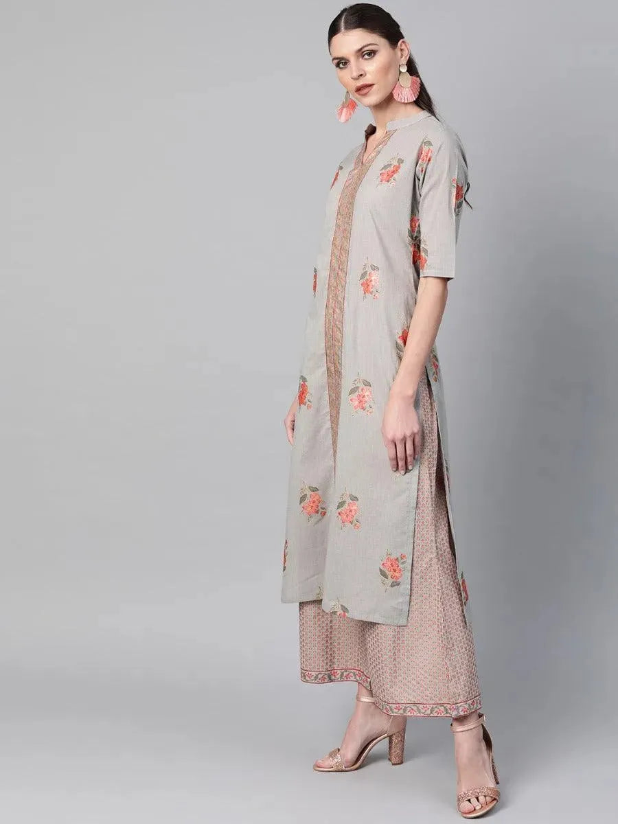 Grey Printed Cotton Straight Kurta With Palazzos
Grey Printed Cotton Straight Kurta With Palazzos