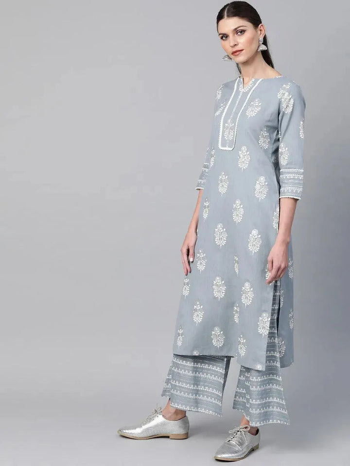 Grey Printed Cotton Kurta Set - Libas