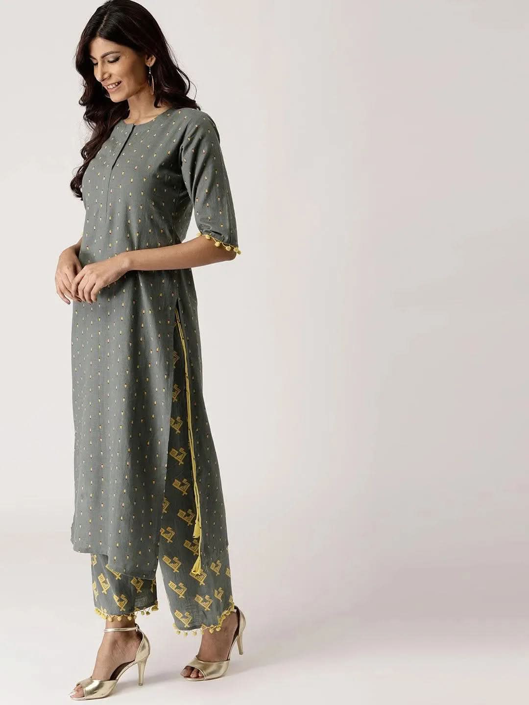 Grey Printed Cotton Kurta Set - Libas