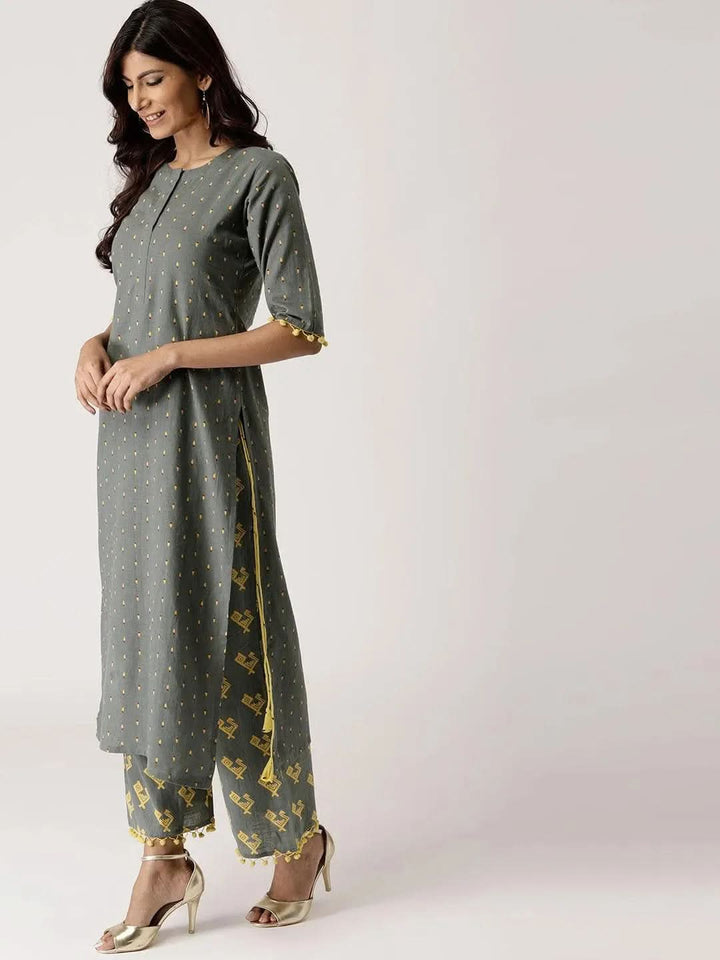 Grey Printed Cotton Kurta Set - Libas