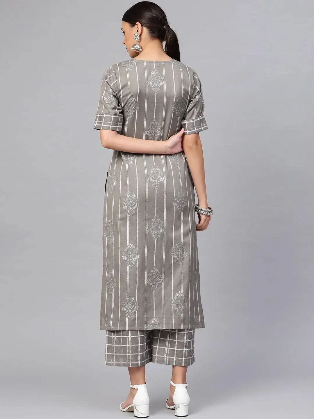 Grey Printed Cotton Straight Kurta With Palazzos
Grey Printed Cotton Straight Kurta With Palazzos
