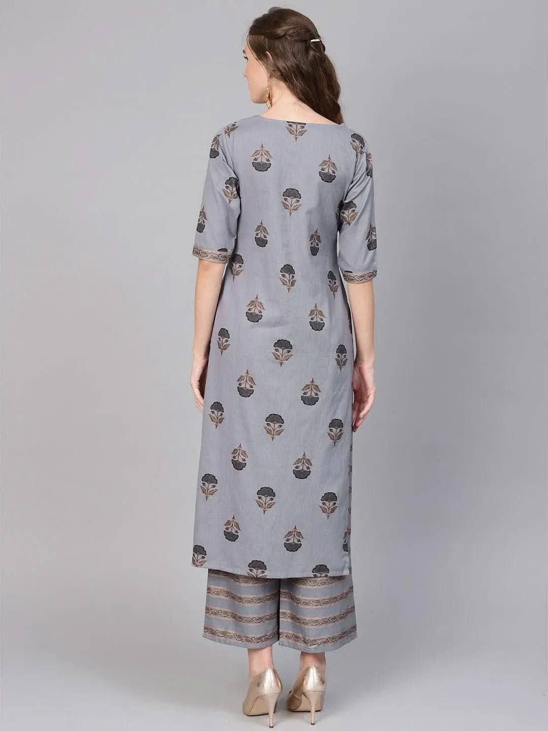 Grey Printed Cotton Kurta Set - Libas