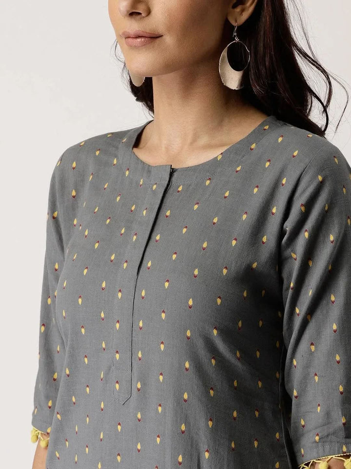 Grey Printed Cotton Kurta Set - Libas