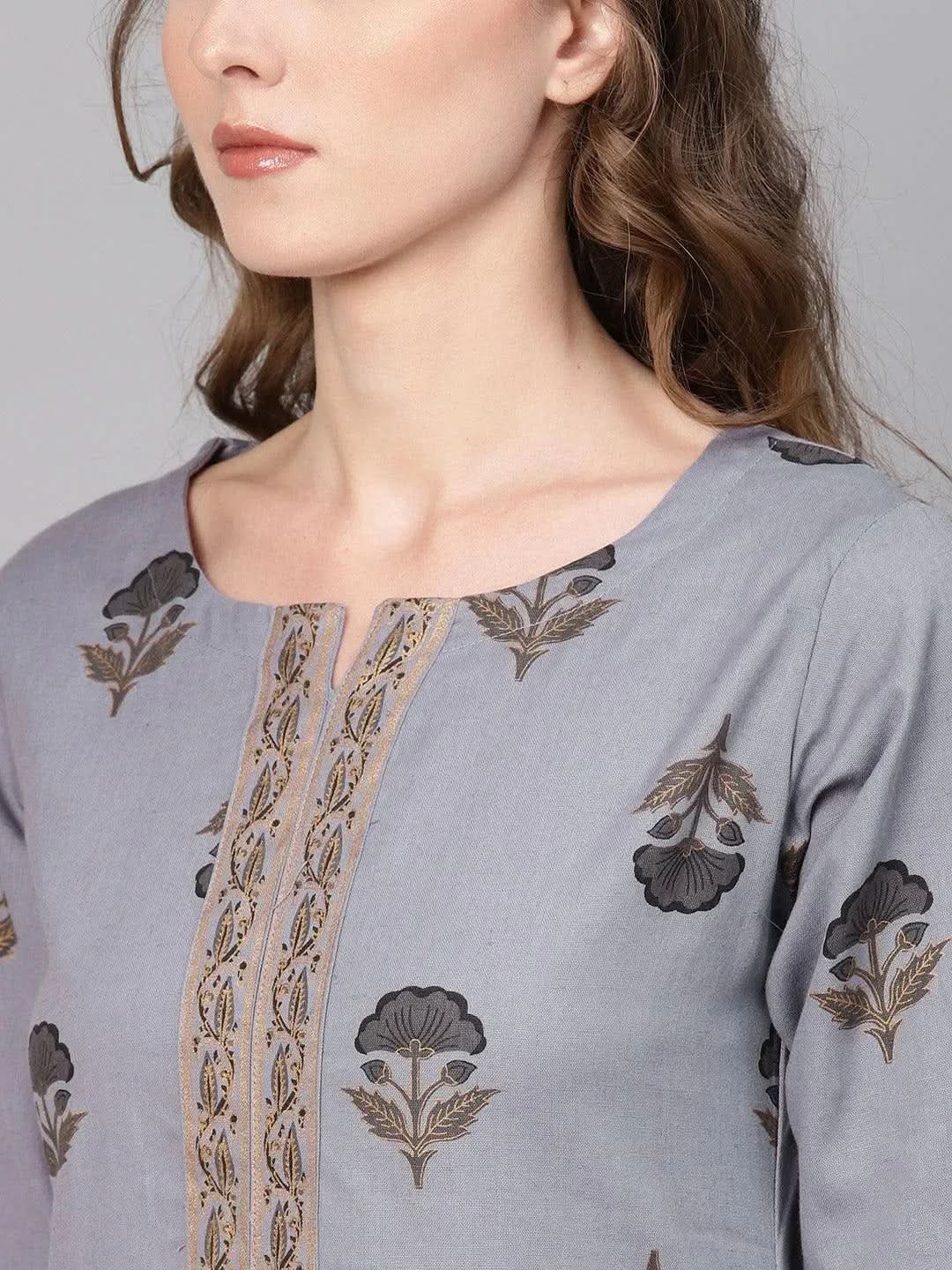 Grey Printed Cotton Kurta Set - Libas