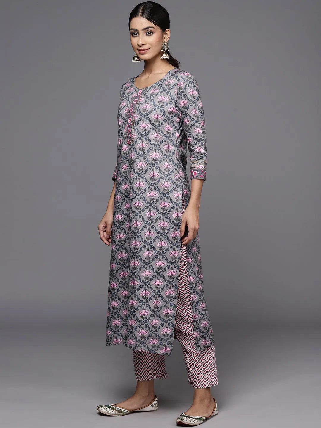 Grey Printed Cotton Straight Kurta With Trousers & Dupatta - Libas