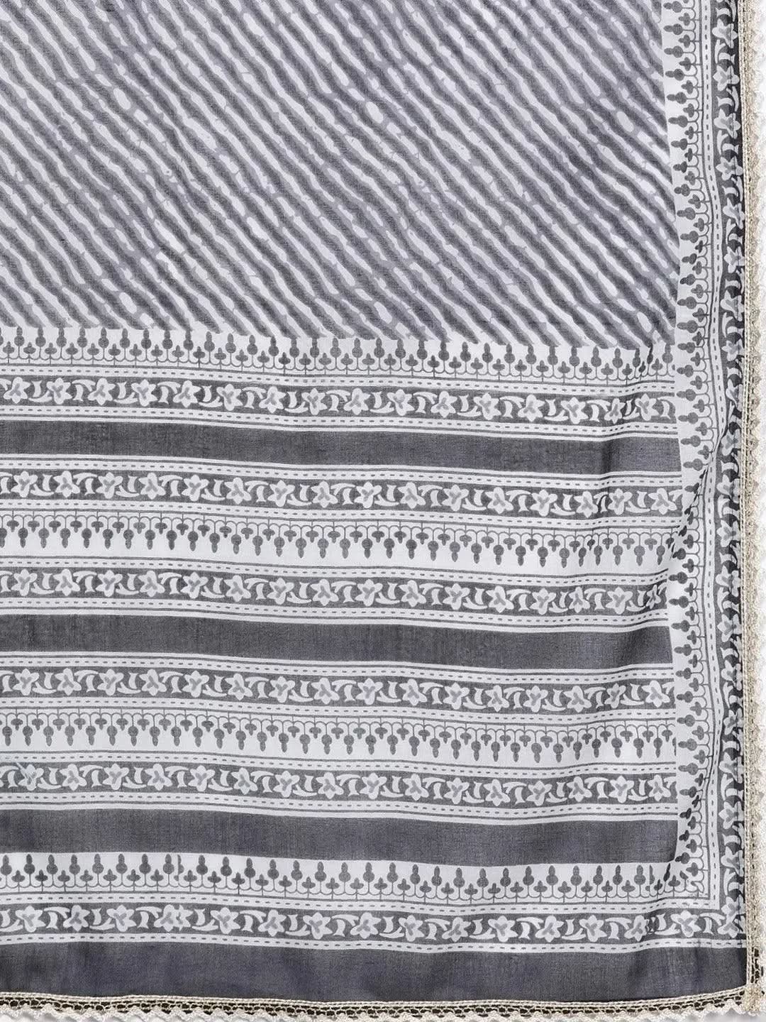 Grey Printed Cotton Straight Kurta With Trousers & Dupatta 
Grey Printed Cotton Straight Kurta With Trousers & Dupatta