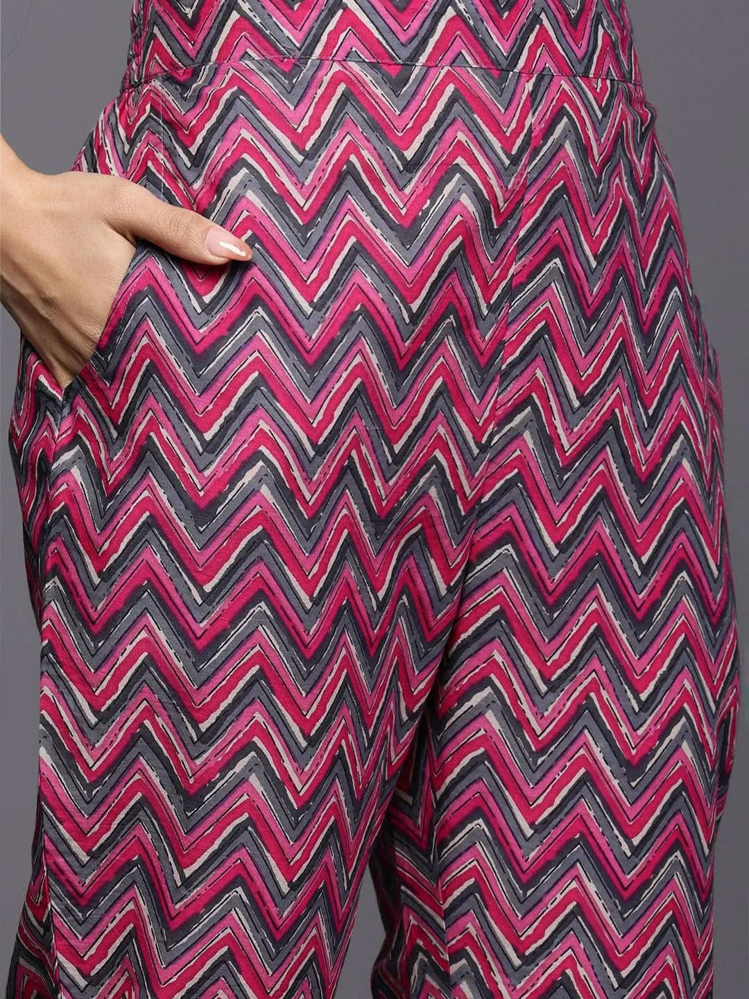 Grey Printed Cotton Straight Kurta Set With Trousers - Libas