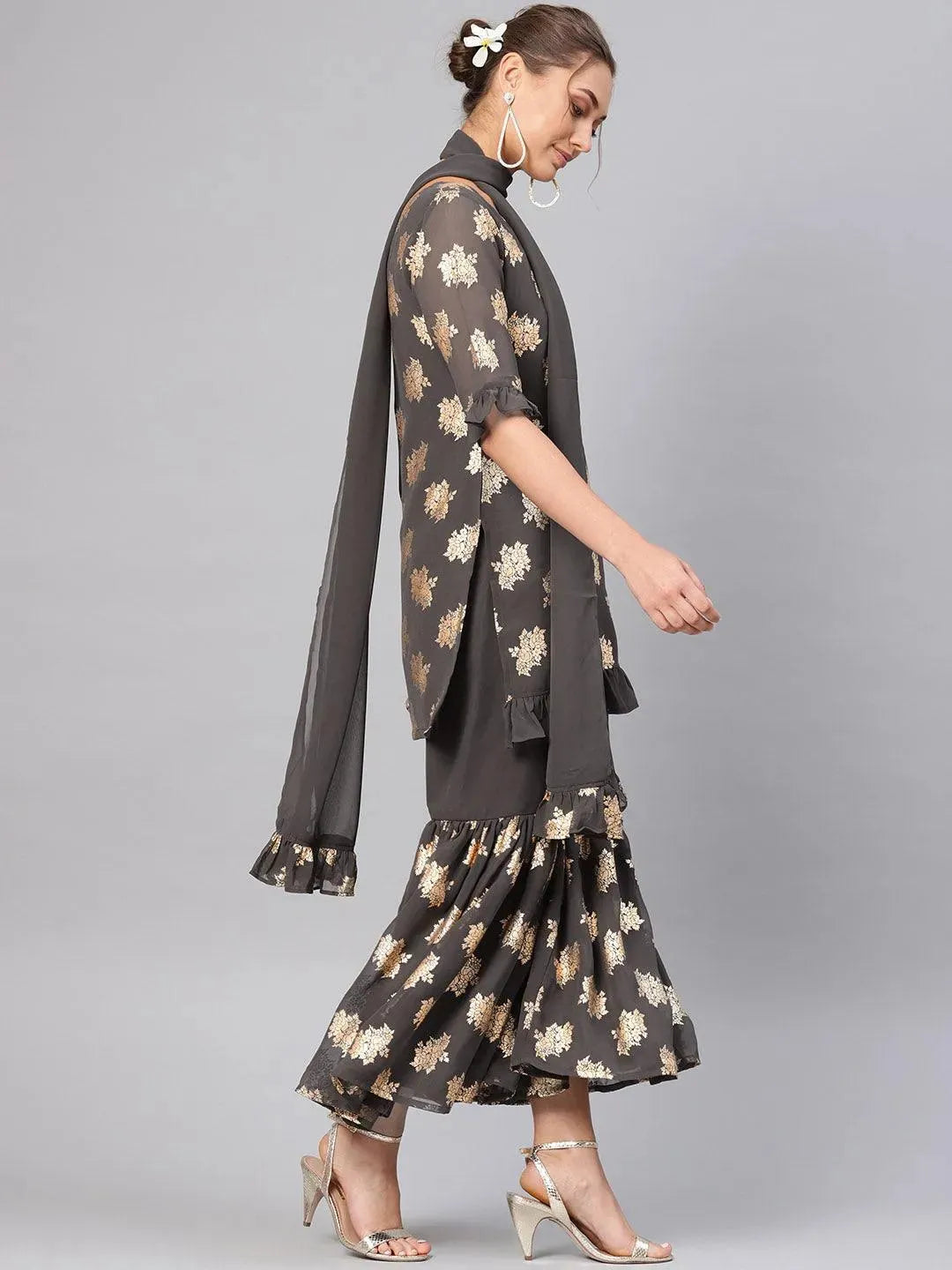 Grey Printed Georgette Suit Set - Libas