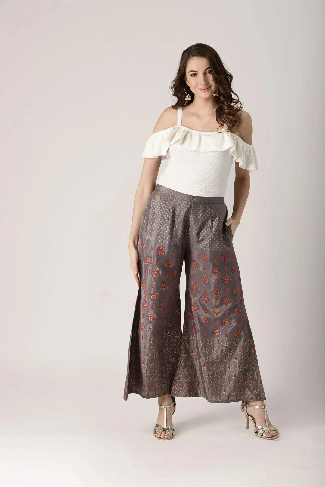 Grey Printed Polyester Palazzos - Libas