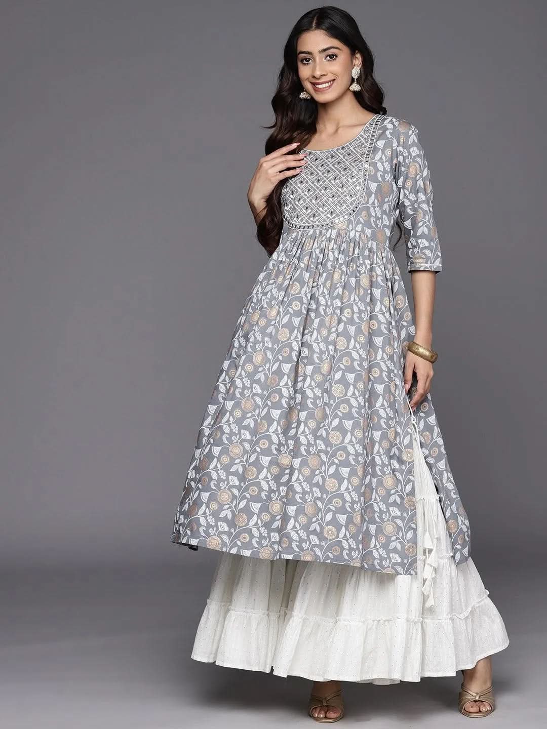 Grey Printed Rayon A-Line Kurta - Libas