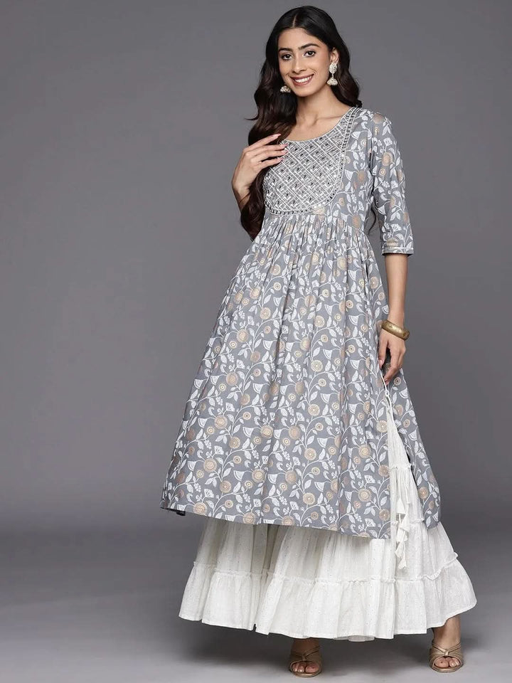 Grey Printed Rayon A-Line Kurta - Libas