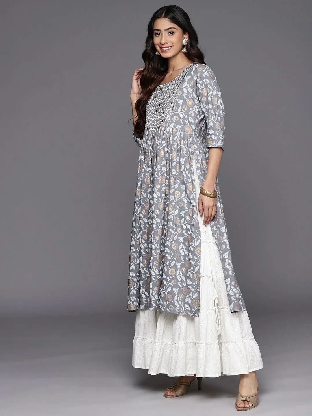 Grey Printed Rayon A-Line Kurta - Libas