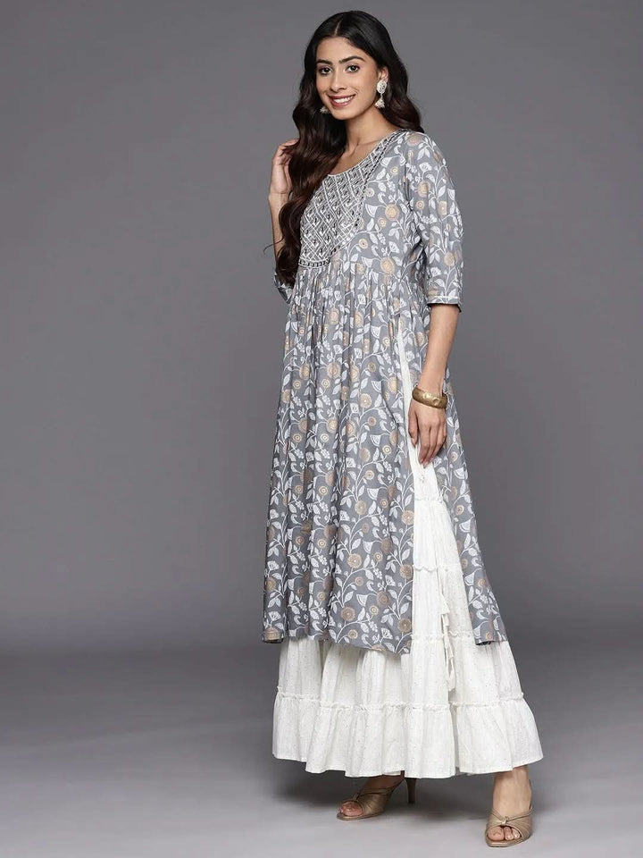 Grey Printed Rayon A-Line Kurta - Libas