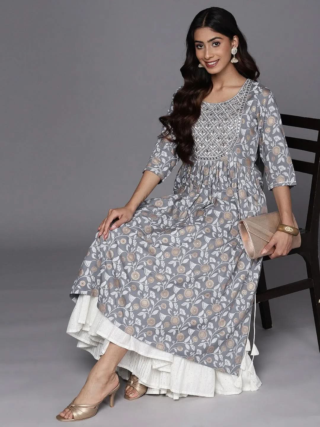 Grey Printed Rayon A-Line Kurta - Libas