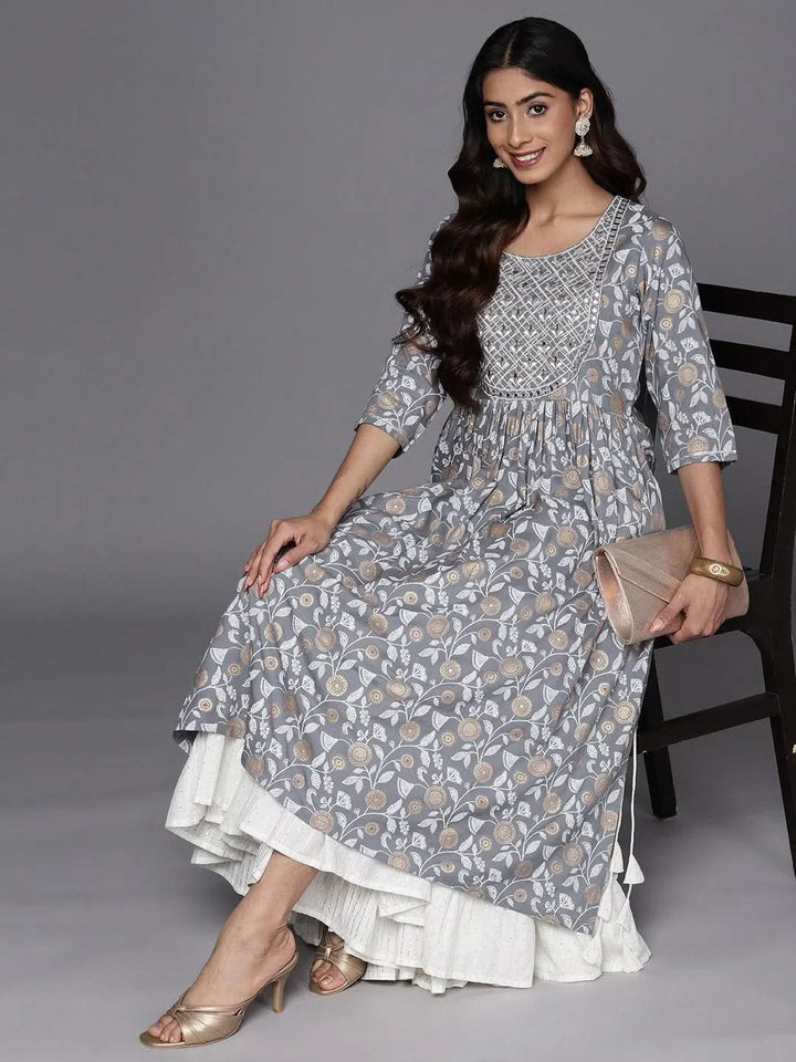 Grey Printed Rayon A-Line Kurta - Libas