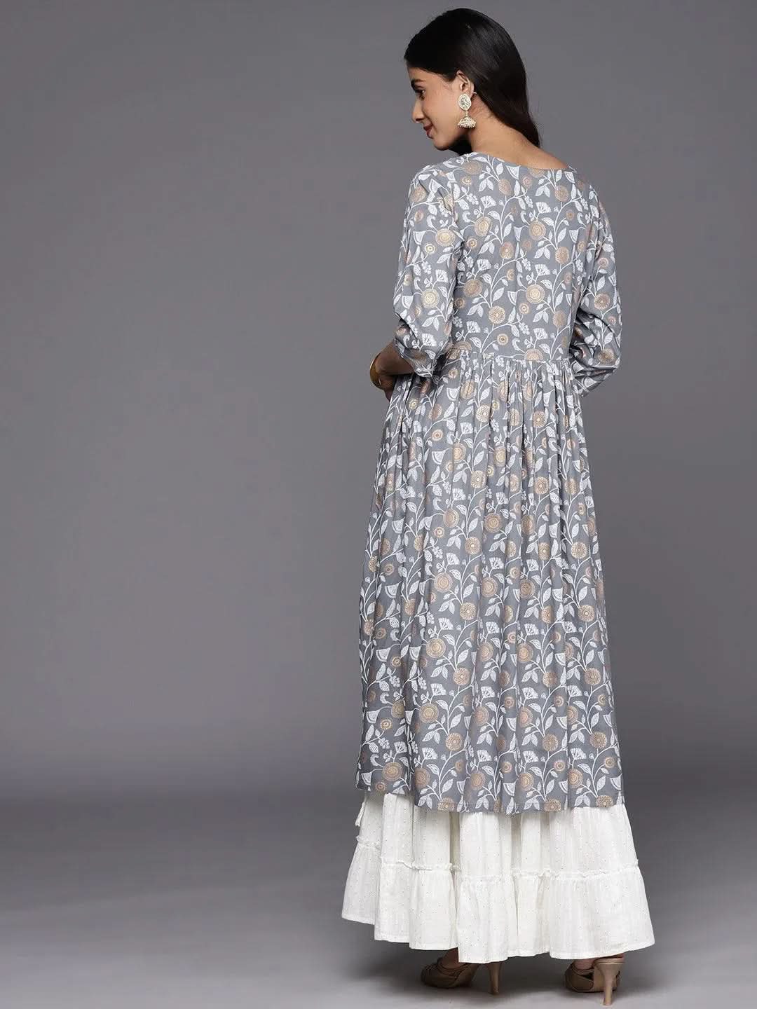 Grey Printed Rayon A-Line Kurta - Libas
