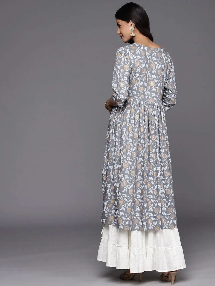 Grey Printed Rayon A-Line Kurta - Libas