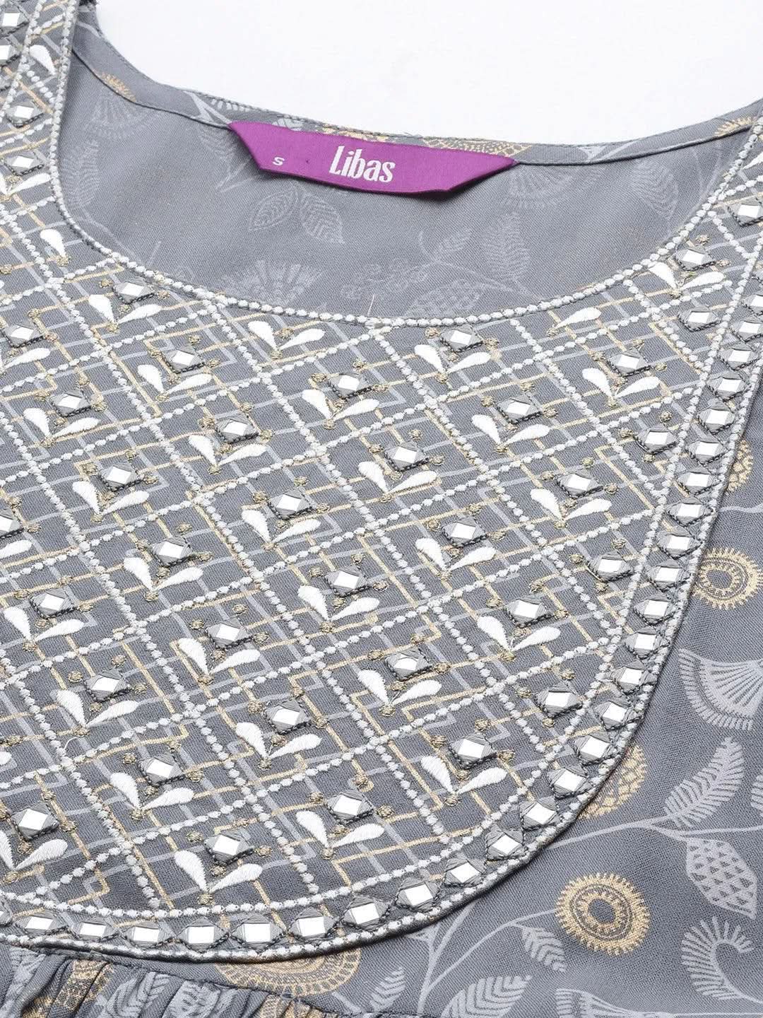 Grey Printed Rayon A-Line Kurta - Libas