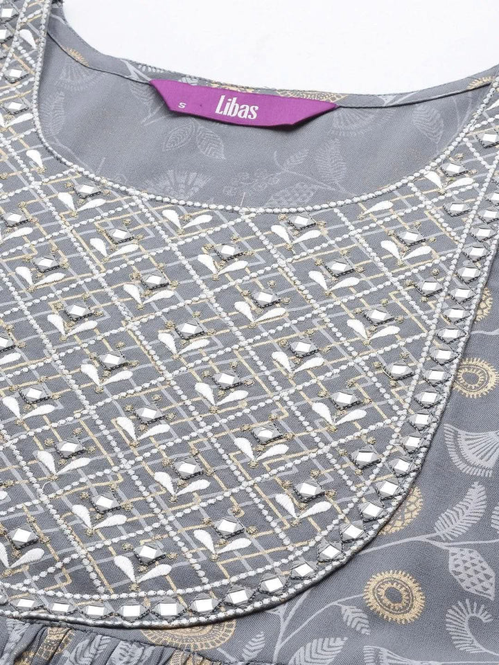 Grey Printed Rayon A-Line Kurta - Libas