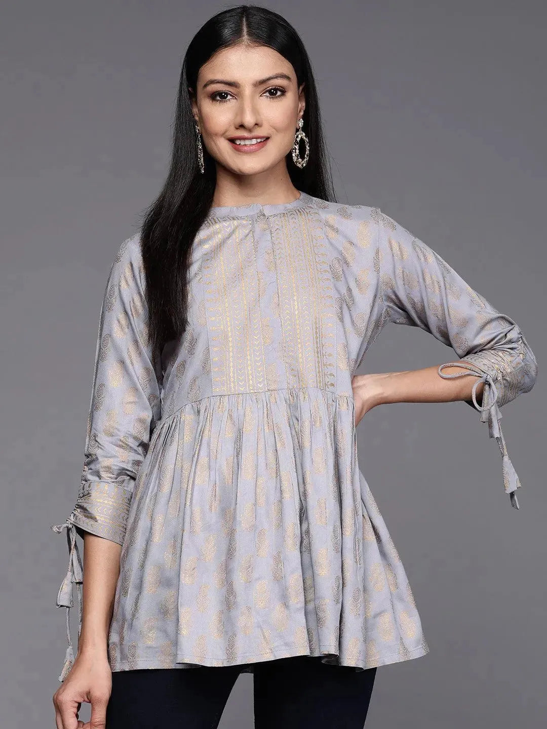 Grey Printed Rayon A-Line Kurti Online at Rs.753 | Libas