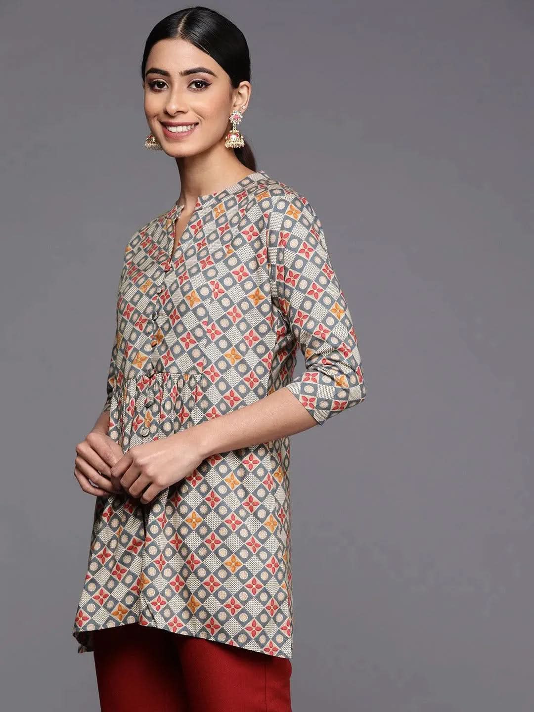 Grey Printed Rayon A-Line Kurti - Libas