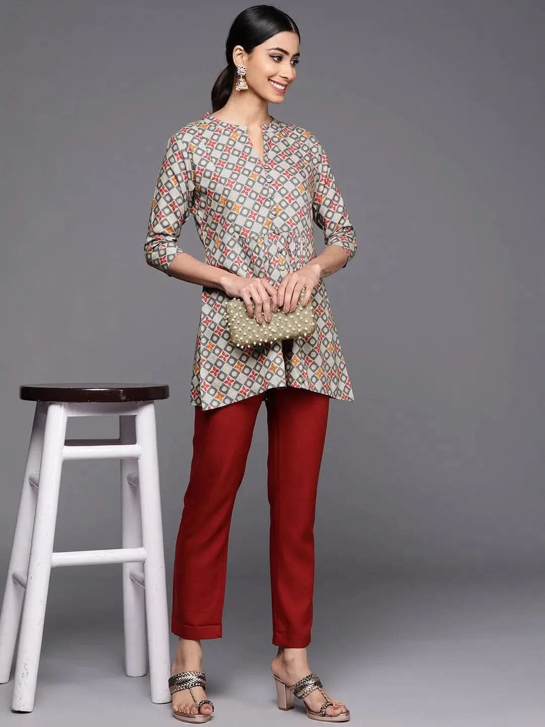 Grey Printed Rayon A-Line Kurti - Libas