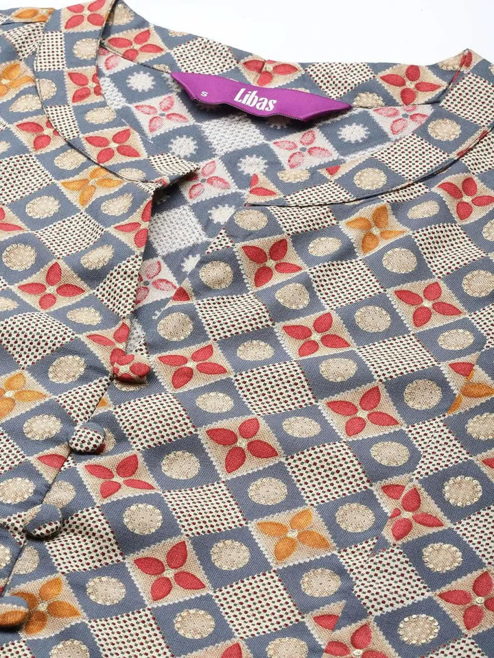 Grey Printed Rayon A-Line Kurti - Libas
