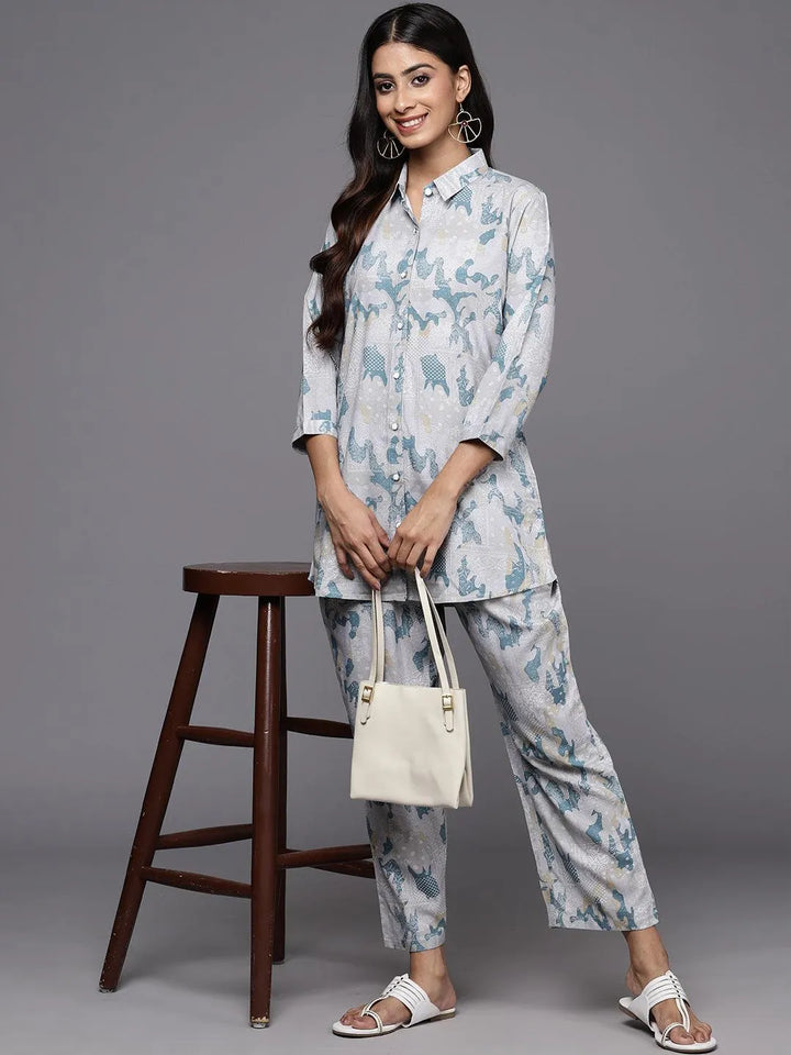 Grey Printed Rayon Co-Ords - Libas