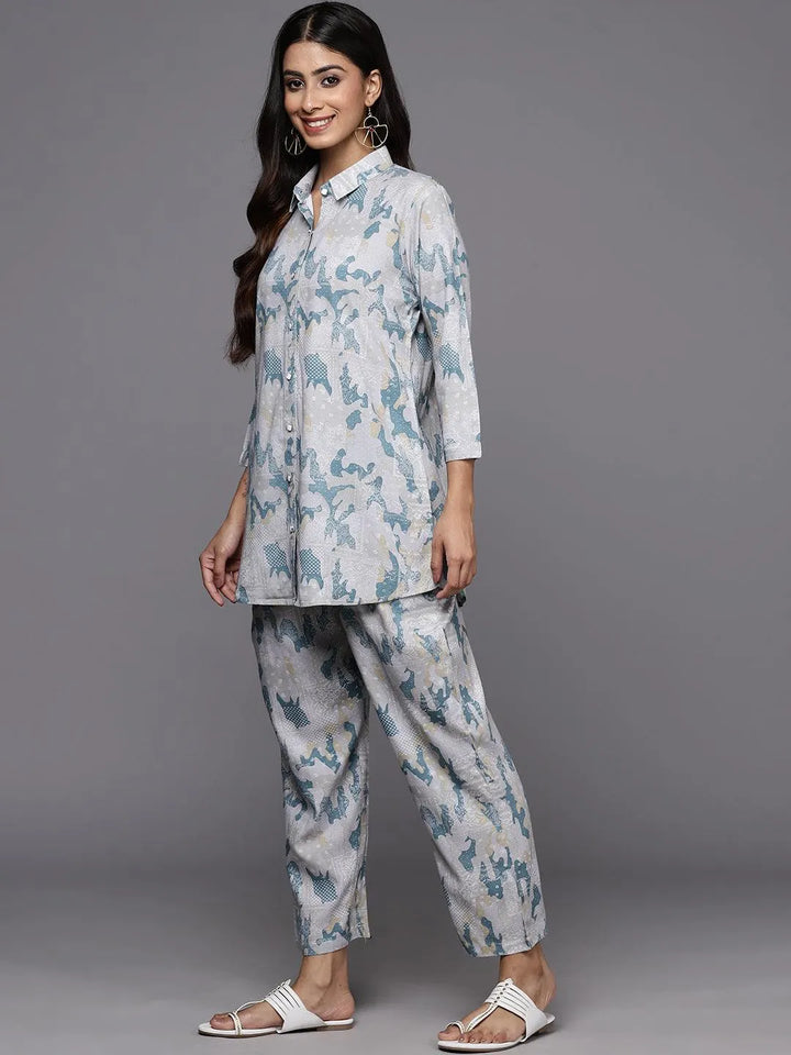 Grey Printed Rayon Co-Ords - Libas