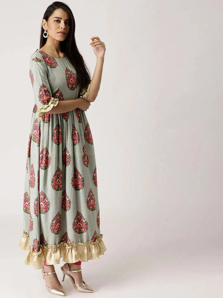 Grey Printed Rayon Dress - Libas